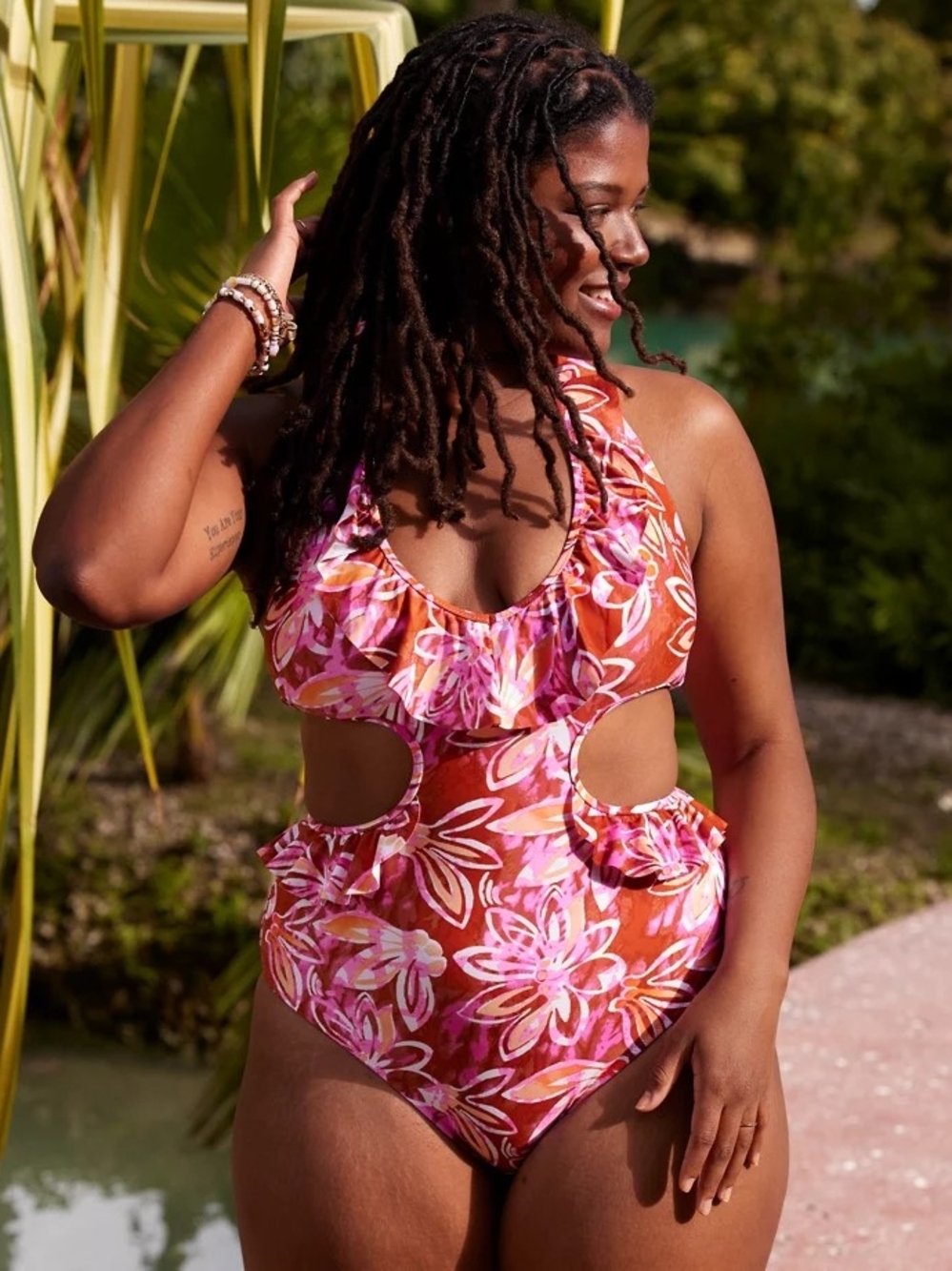 aerie Pink & Orange Floral Ruffle Cutout One-Piece Swimsuit